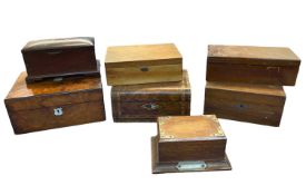 TREEN WORKBOXES (7) to include Burr walnut with mother of pearl detail, 13.5 x 30 x 22cms and a good