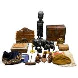 TREEN - carved African figure, 47cms H, lacquered jewellery box and other items to include old