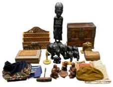 TREEN - carved African figure, 47cms H, lacquered jewellery box and other items to include old