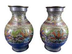 JAPANESE CHAMPLEVE ENAMEL & BRONZE VASES, A PAIR - late 19th century having the enamel decoration in