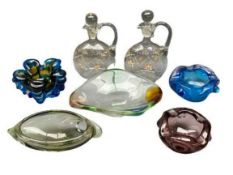 GLASSWARE - a near pair of floral decorated decanters with stoppers, 24cms H and five heavy Art
