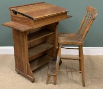 VINTAGE CLERKS TYPE LIFT-TOP DESK & ACCOMPANYING HIGH CHAIR - with foot step, 103cms H, 100cms W,