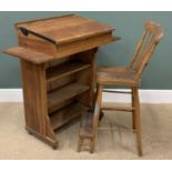 VINTAGE CLERKS TYPE LIFT-TOP DESK & ACCOMPANYING HIGH CHAIR - with foot step, 103cms H, 100cms W,