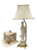 STAFFORDSHIRE CHEESE DISH - 21cms H and a Chinese Blanc de Chine Lady table lamp on metal stand