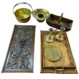 CARVED PANEL - 58 x 29cms, two vintage wooden trays, other treen, brassware including jam pan, ETC