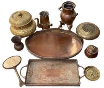 BRASS, COPPER & OTHER METALWARE - an assortment including a three footed urn, Eastern items, ETC