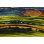 WIL ROWLANDS fine large, coloured print - coastal scene with distant lighthouse and farmstead with