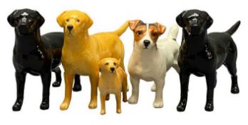 BESWICK POTTERY DOGS (5) - all in standing positions, 14cms H, 21cms L the largest