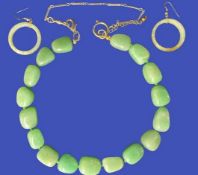 A NECKLACE OF 16 HEAVY RANDOM SHAPED BEADS with white metal links, 148grms and a pair of circular