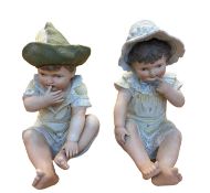 BISQUE PORCELAIN PIANO BABIES, A GOOD SIZE PAIR - 30cms tallest