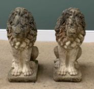 GARDEN STONEWARE SEATED LIONS, A PAIR - with impressive manes, 65 x 25 x 50cms