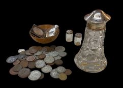 SILVER TOPPED BOTTLES (3), vintage coinage and a Wolverhampton Wanderers FC medallion, the bottles