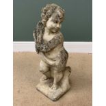 OFFERED WITH LOT 39 - GARDEN STONEWARE - large ornament of a young boy sitting on a tree stump,