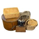 TREEN - vintage wooden hat box and a quantity of wicker baskets, hand bag, ETC