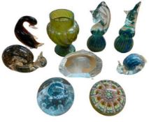 MDINA, WEDGWOOD, CAITHNESS & OTHER PAPERWEIGHTS along with a Loetz style iridescent glass vase,