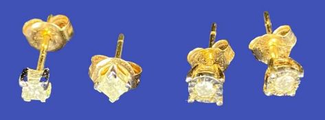 GOLD BUTTERFLY FIT EARRINGS, TWO PAIRS - with tiny square cut diamonds, 0.7grms and 0.85grms