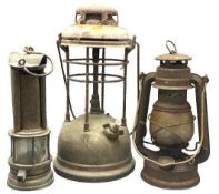 VINTAGE LAMPS (3) including a 25cms H miner's lamp stamped 'Joe Phillips', a vintage Tilly type lamp