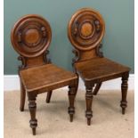 ANTIQUE OAK TURNED & SCROLLED BACK HALL CHAIRS, A PAIR - 84cms H, 42cms W, 32cms D