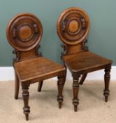 ANTIQUE OAK TURNED & SCROLLED BACK HALL CHAIRS, A PAIR - 84cms H, 42cms W, 32cms D
