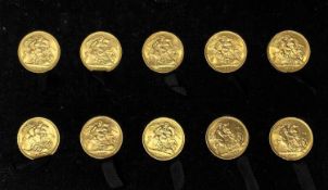 UNCIRCULATED AS STRUCK CASED SET OF 10 FULL GOLD SOVEREIGNS - dated 1957, 58, 59, 62, 63, 64, 65,