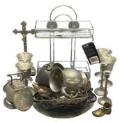 PEWTER WARE, EPNS BREAD TRAYS, modern chrome shower caddy and other items of interest