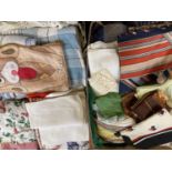 MIXED HOUSEHOLD LINEN, LADY'S SILK SCARVES, ETC (within 2 boxes)