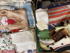 MIXED HOUSEHOLD LINEN, LADY'S SILK SCARVES, ETC (within 2 boxes)