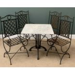 GARDEN FURNITURE - marble square topped table on a metal single pedestal base with four metal