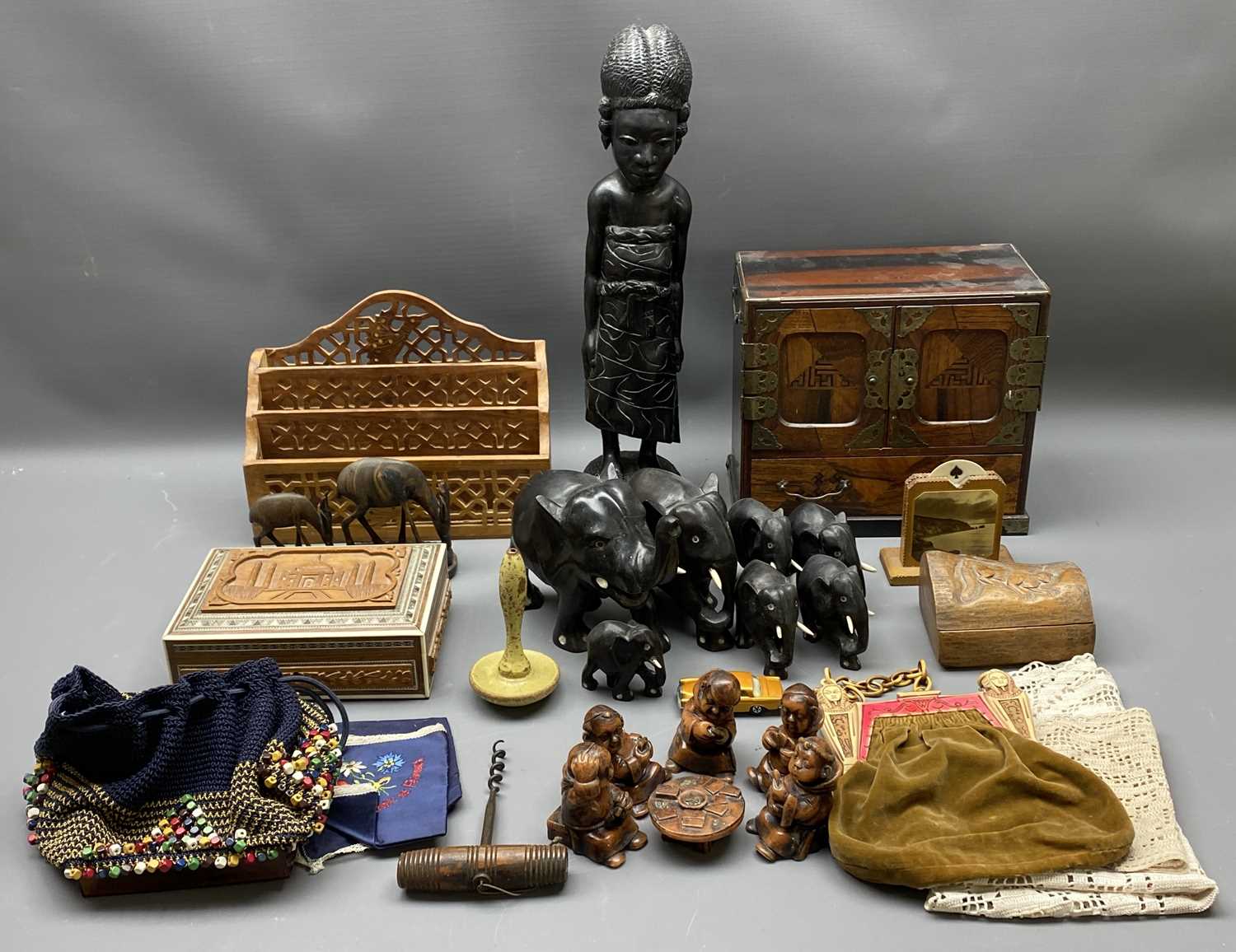 TREEN - carved African figure, 47cms H, lacquered jewellery box and other items to include old - Image 4 of 6