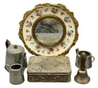 BEATEN PEWTER 3 PIECE TEA SERVICE, an old school bell 'Sebastopol', embossed jewellery box and a