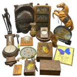 AFRICAN WALL MASK, carved figures, boxes and bowls, a wall barometer, a magnified photo box, Chinese