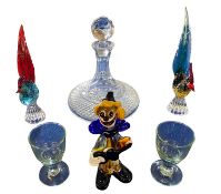 GLASSWARE - ship's decanter, Murano clown, cockerel ornaments and a pair of rummers