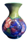 MOORCROFT ANEMONE VASE - on a tonal green ground, impressed marks and signature to base, 12.5cms H