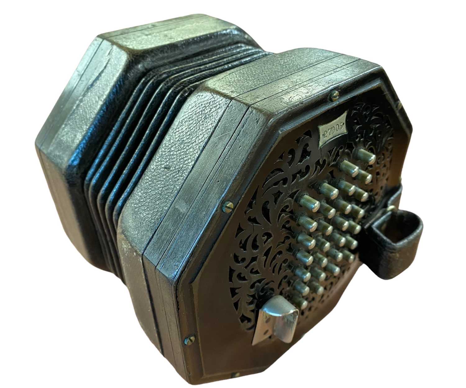 MUSICAL INSTRUMENT - Wheatstone 56 key concertina with pierced ebony octagonal end caps. Serial No - Image 2 of 4