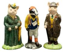 BESWICK POTTERY ANIMAL FIGURINES - titled Gentleman Pig, Hiker Badger and The Lady Pig, 14.5cms H