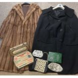 LADY'S VINTAGE FULL LENGTH FUR COAT, a woollen cape, travel vanity set, three evening bags, ETC