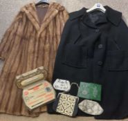 LADY'S VINTAGE FULL LENGTH FUR COAT, a woollen cape, travel vanity set, three evening bags, ETC