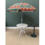 GARDEN FURNITURE - white painted reticulated metal circular top table with parasol, 67 x 67cms and a