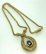 18CT GOLD DIAMOND & SAPPHIRE NECKLACE - formed as a collared loop set with 90 plus small diamonds
