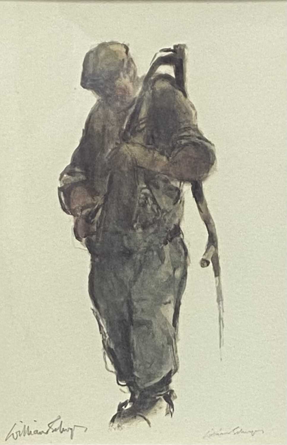 WILLIAM SELWYN print - standing farmer with scythe over his shoulder, signed in pencil, 19 x 13cms