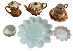 BELLEEK PORCELAIN, 3 ITEMS and a continental lustre Bachelor part teaset, the Belleek includes a