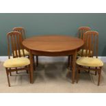 MID-CENTURY TEAK TYPE DINING TABLE - 77cms H, x122cms x 160cms (open), four chairs stamped 'H B'