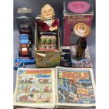 VINTAGE & LATER TIN PLATE TOYS & COMICS, ETC - to include a boxed battery operated Bartender, German