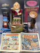 VINTAGE & LATER TIN PLATE TOYS & COMICS, ETC - to include a boxed battery operated Bartender, German