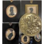 GEORGIAN & LATER PORTRAIT MINIATURES & SILHOUETTES (5) and a circular brass lidded box with repousse