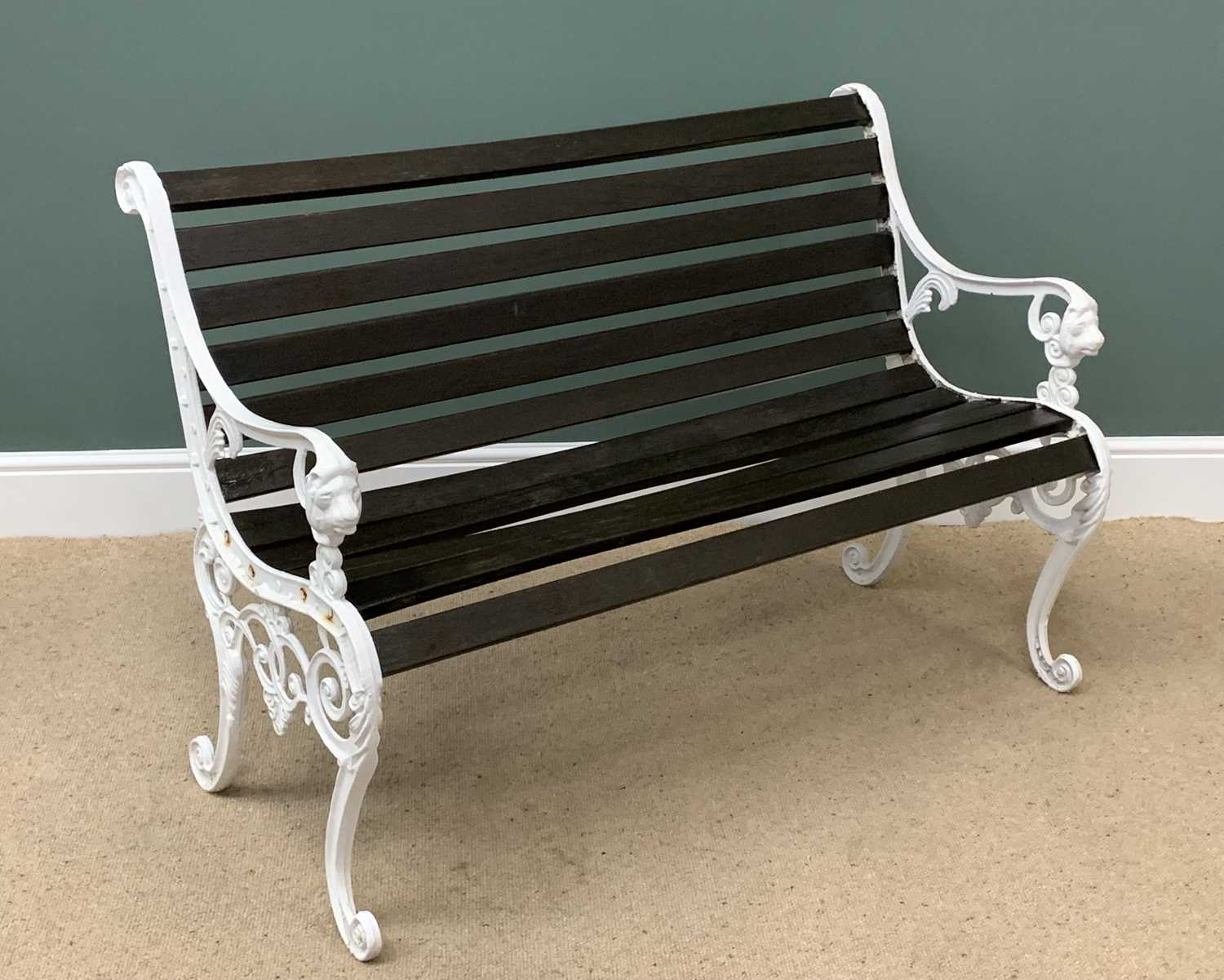 GARDEN BENCH - wooden slats and cast iron ends with Lion handles, 84cms H, 125cms W, 66cms D