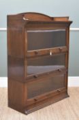 VINTAGE LEBUS OAK BOOKCASE, three tiers with glazed doors and locks, Clarabut (Deal) retailer's