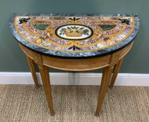 EMPIRE-STYLE PIETRA DURA DEMILUNE TABLE, decorative inlaid top on stripped pine frame with fluted