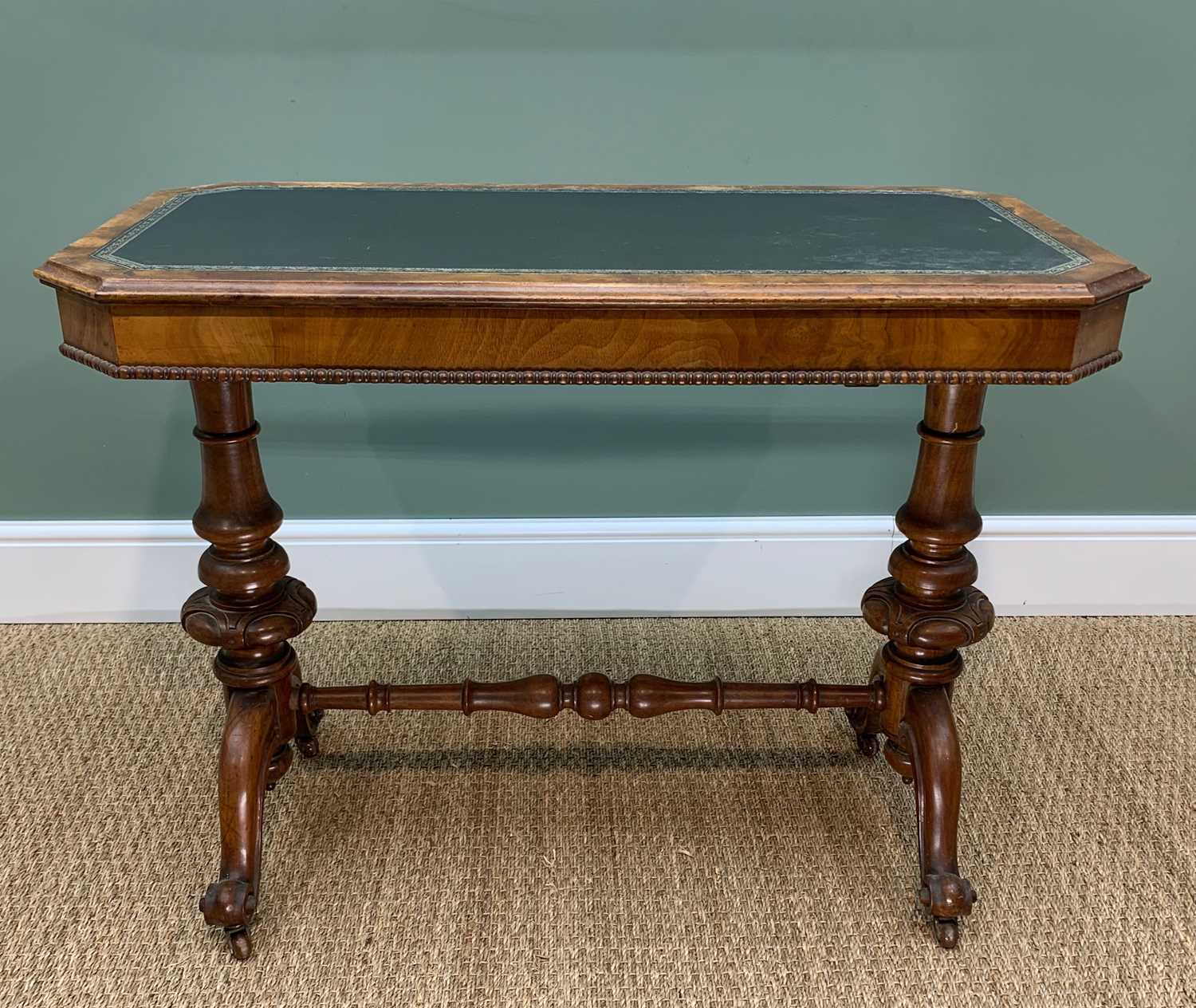 MID-VICTORIAN WALNUT TABLE, chamfered rectangular top inset with rexine writing surface, frieze - Image 3 of 4