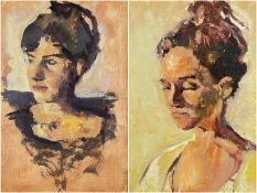 ‡ ROI SHAPIRO, two oils on board - portrait of lady in white dress, 33.5 x 24cm; another similar, 84